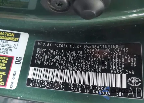 2015 Toyota Corolla Le z USA, uszkodzony, nr VIN 2T1BURHE3FC398045